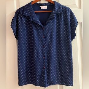 Vintage Amy Lynn Navy Button Down Blouse with White Polka Dots